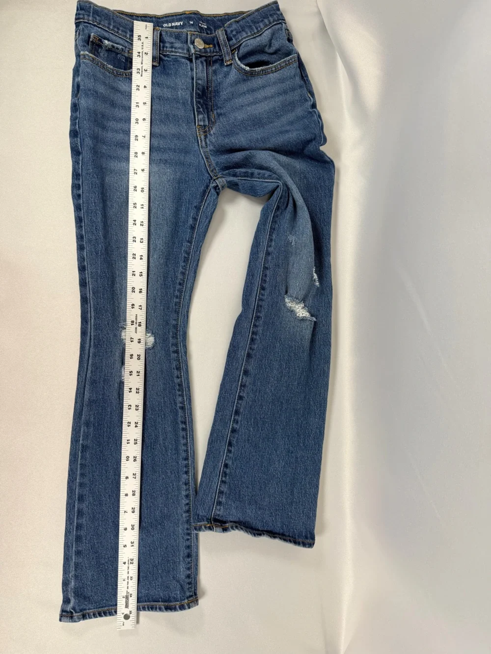 Old Navy Girls High‑Rise Flare Jeans | Size 14 | Distressed Knees | Blue Denim